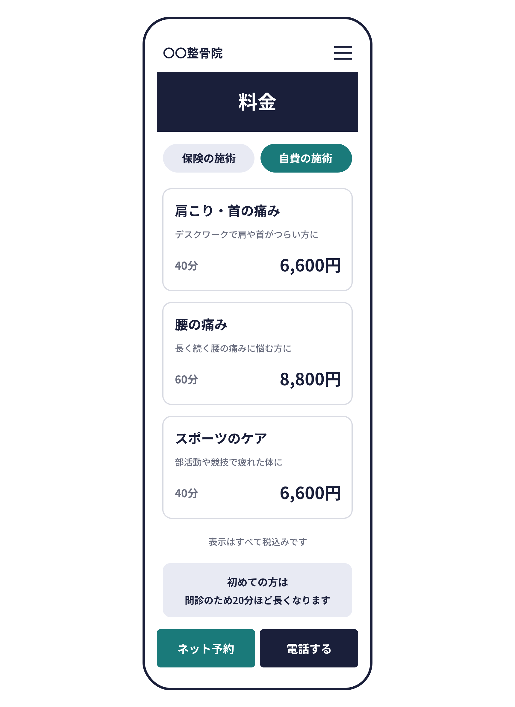 スマートフォンで見たホームページの料金ページの例。上に院名と「料金」の見出し。保険の施術と自費の施術を切り替えるボタン。自費の施術として、肩こり・首の痛み(40分6,600円)、腰の痛み(60分8,800円)、スポーツのケア(40分6,600円)のカード。表示はすべて税込み。初めての方は問診のため20分ほど長くなると記載。画面の下にネット予約と電話するボタン