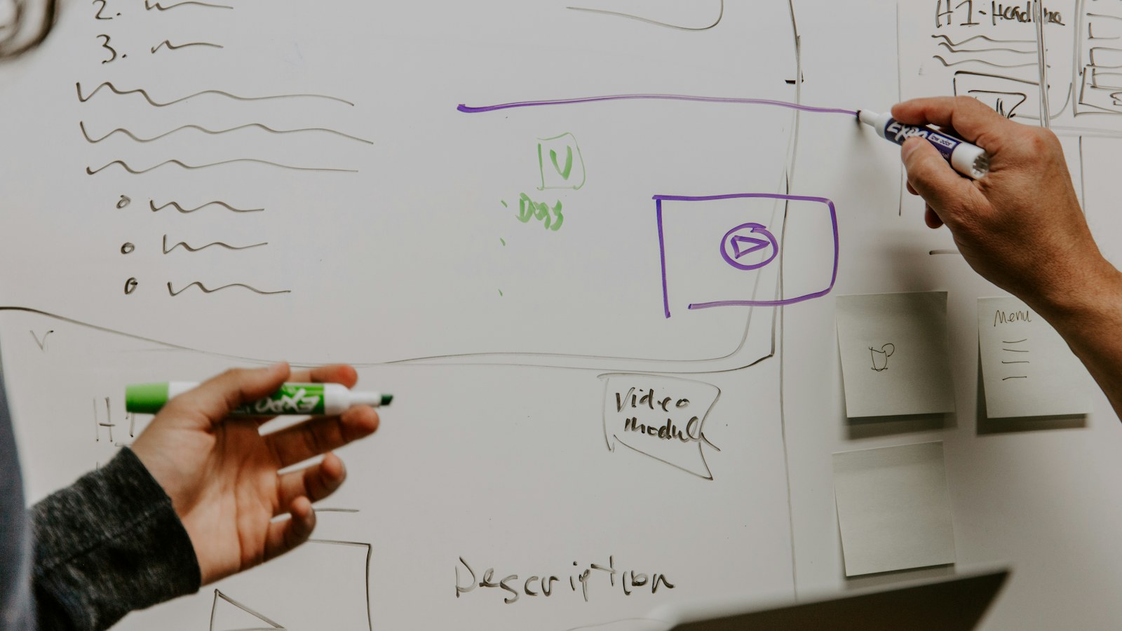 ホワイトボードに図を描きながら、2人で戦略を考えている様子