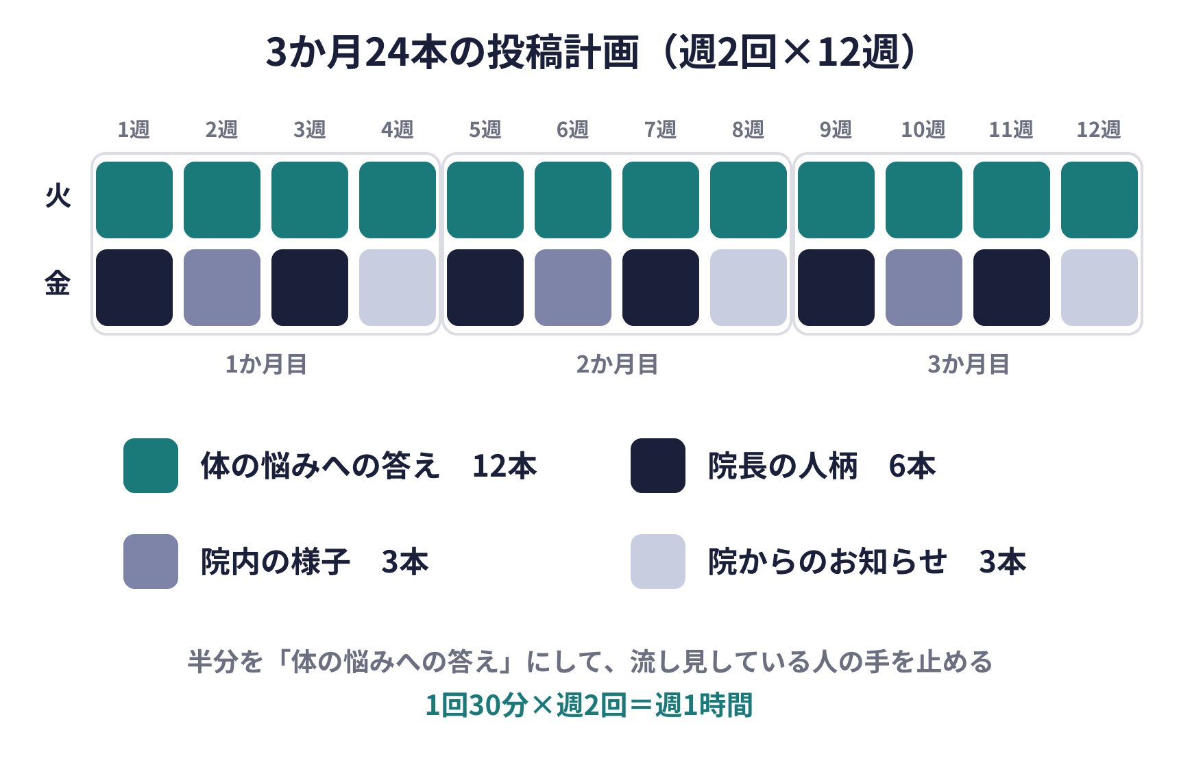 3か月24本の投稿計画の図。12週間、火曜と金曜に投稿する。体の悩みへの答え12本、院長の人柄6本、院内の様子3本、院からのお知らせ3本